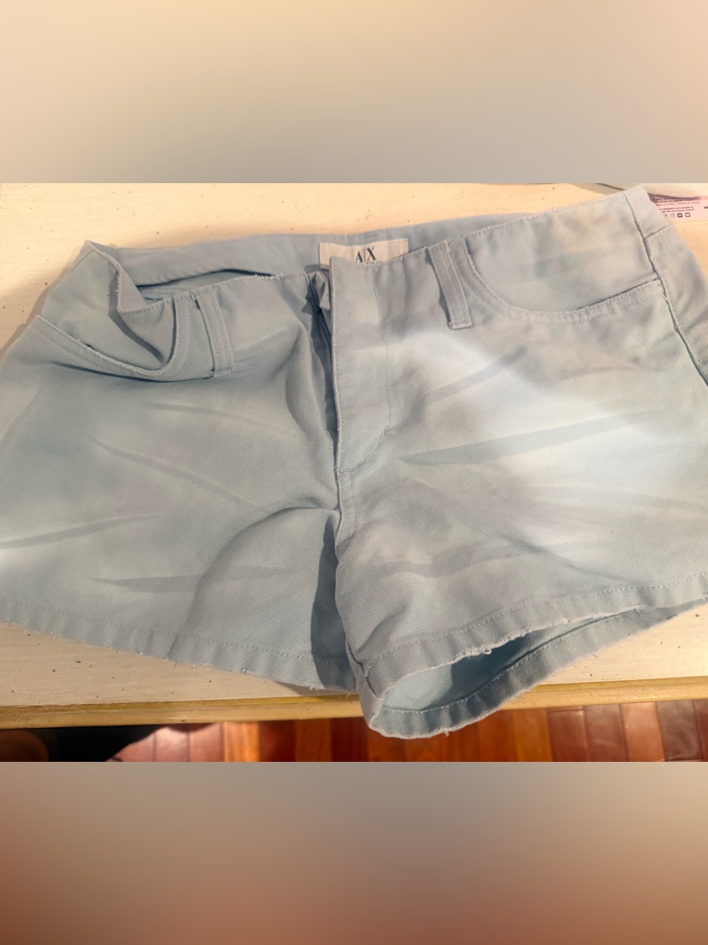 New Never Worn Armani Exchange Pale Blue Women’s distressed denim Shorts size 8